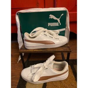 Puma Size 9 White Patent Copper Rose Basket Heart Tennis Shoes Sneakers 2 Laces
